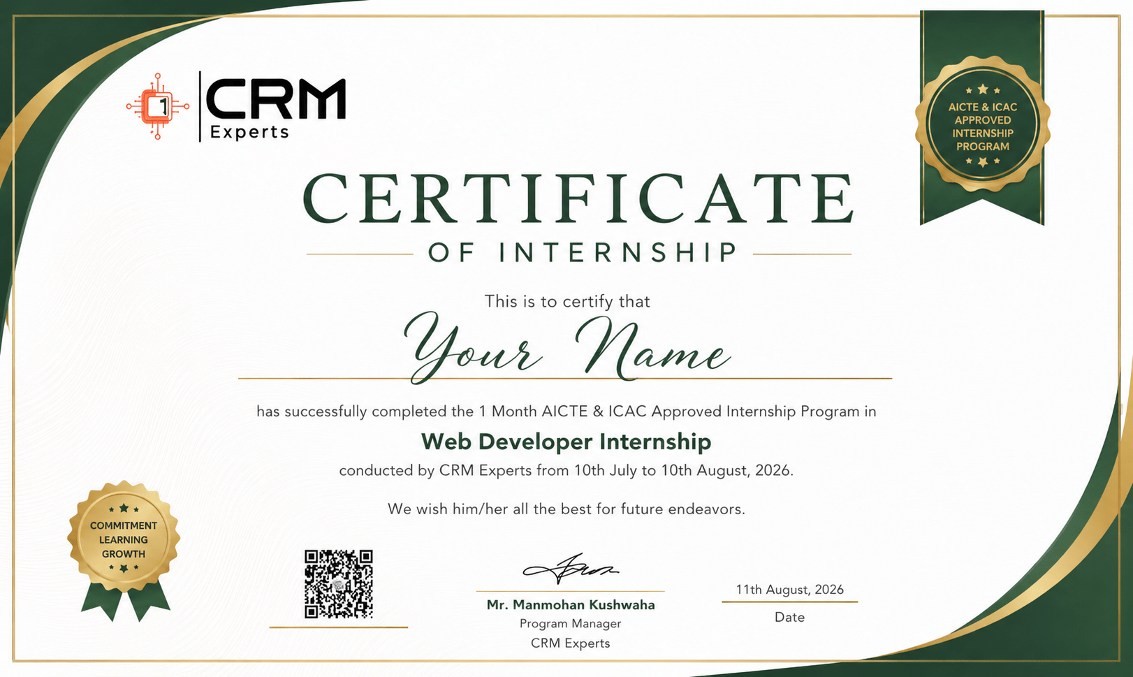 CRM Experts internship completion certificate